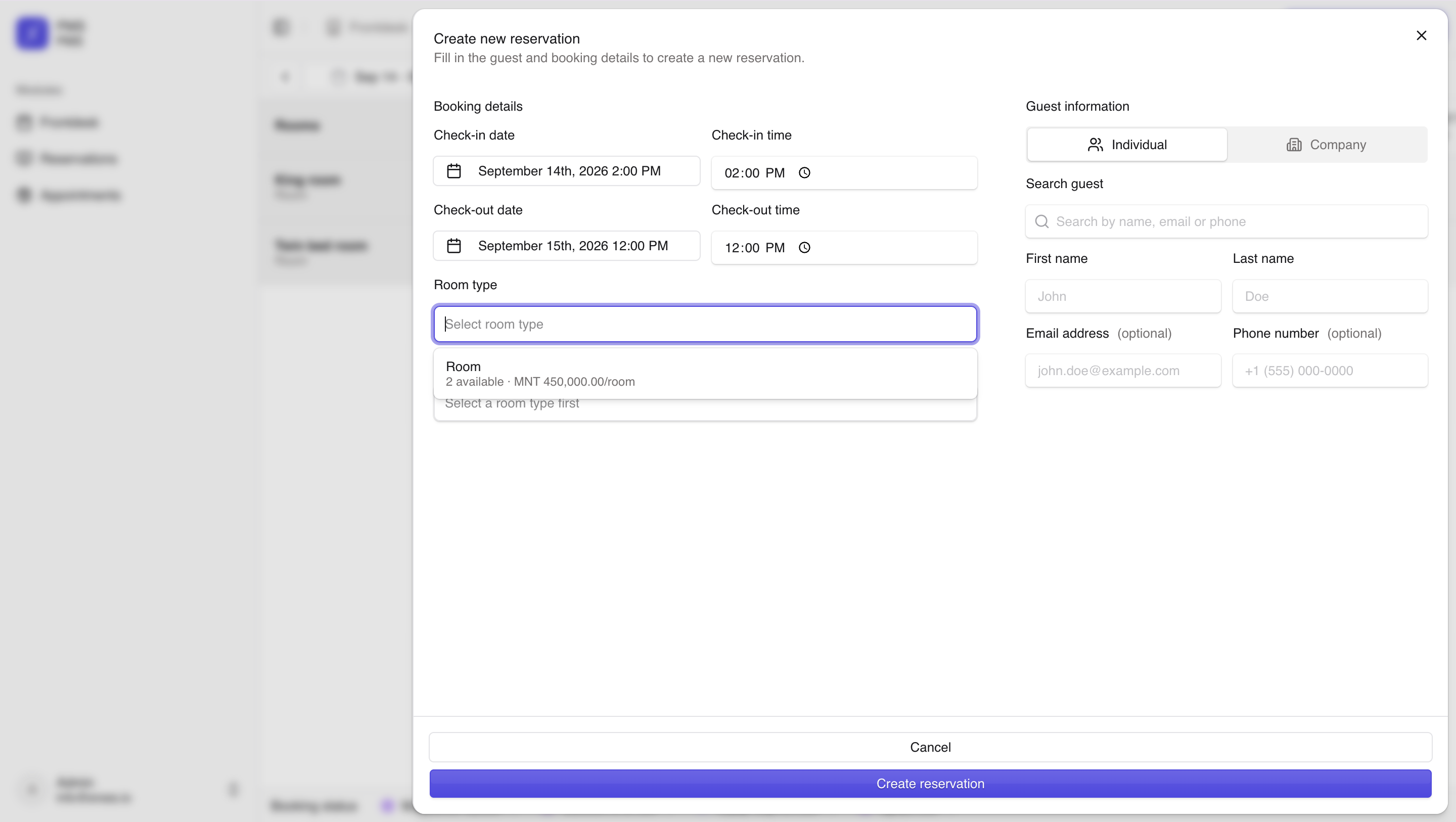 Selecting room type