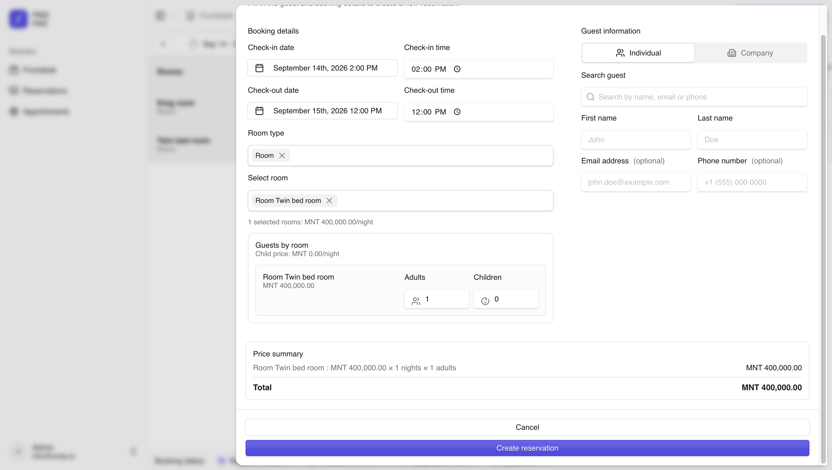 Selecting room and guests
