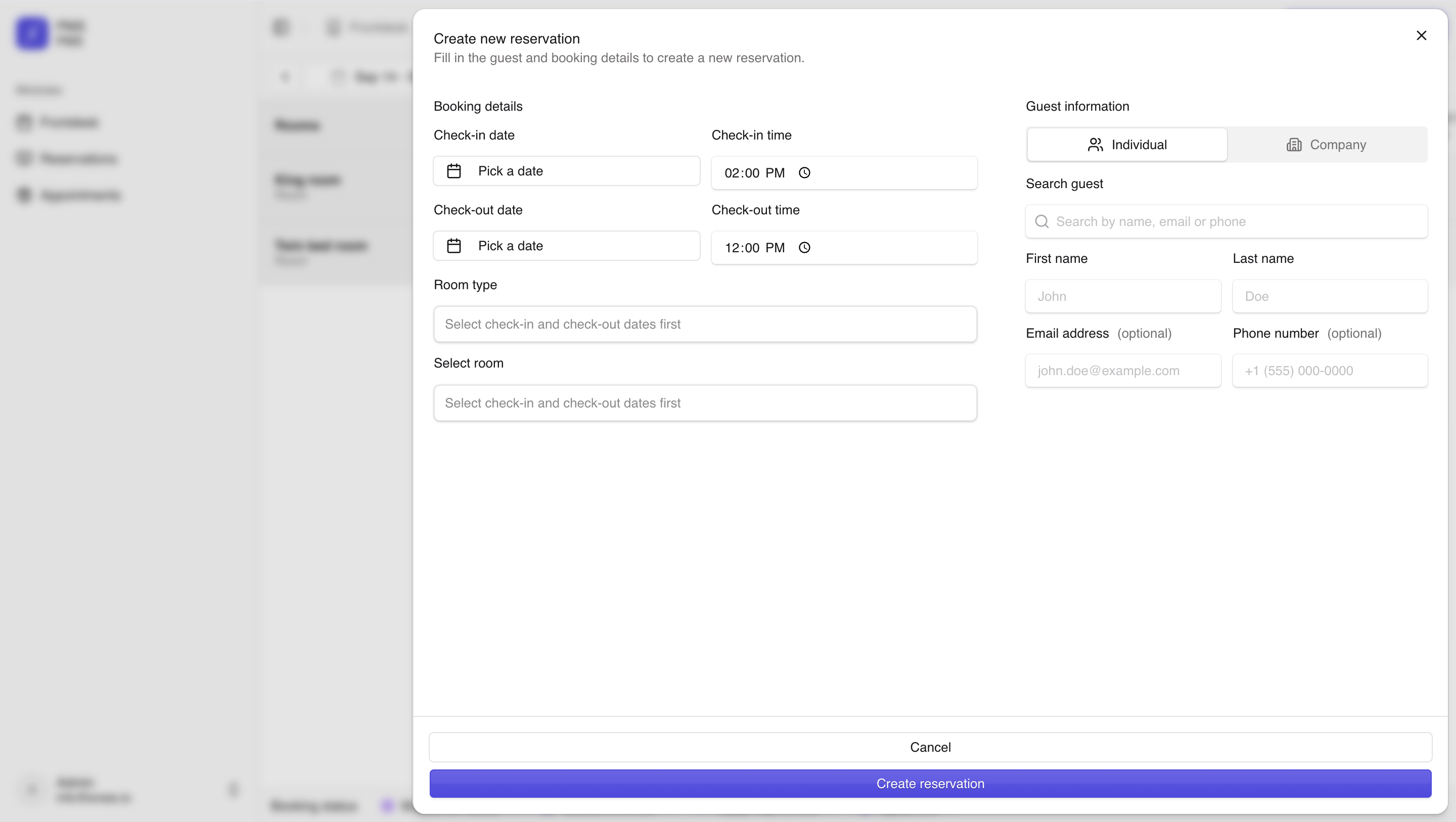 Reservation creation form